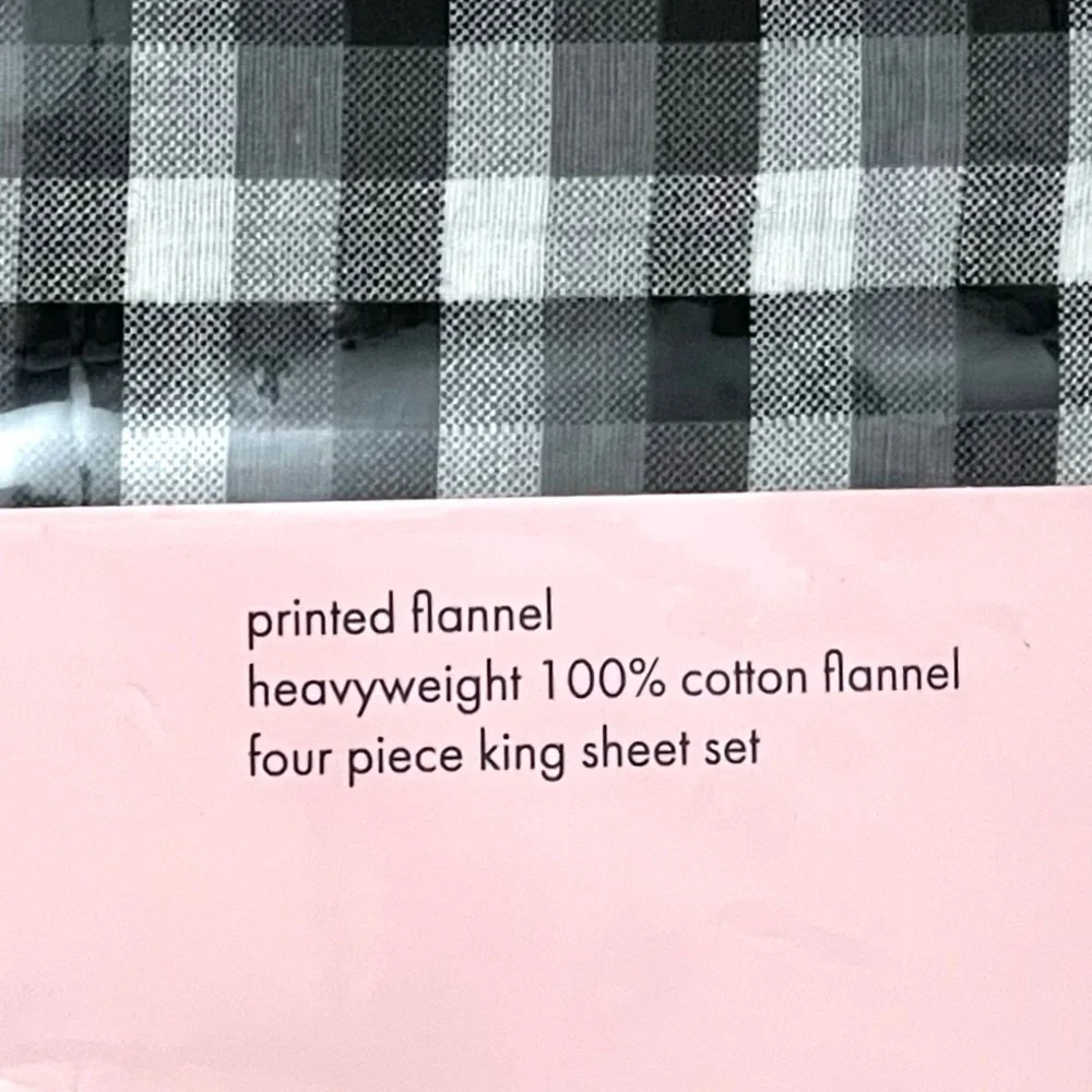 Kate Spade ♠️ KING Sheet Set Black Gray White Plaid Flannel 100% Cotton